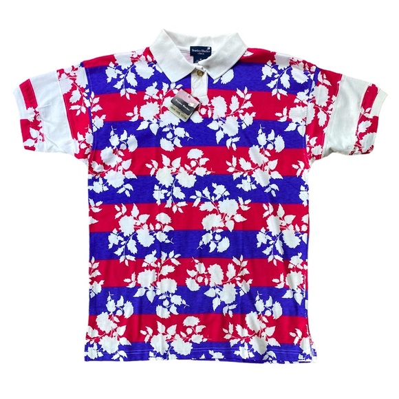 Vintage Deadstock 1990s Stanley Blacker Striped Floral Polo Shirt - Picture 1 of 8